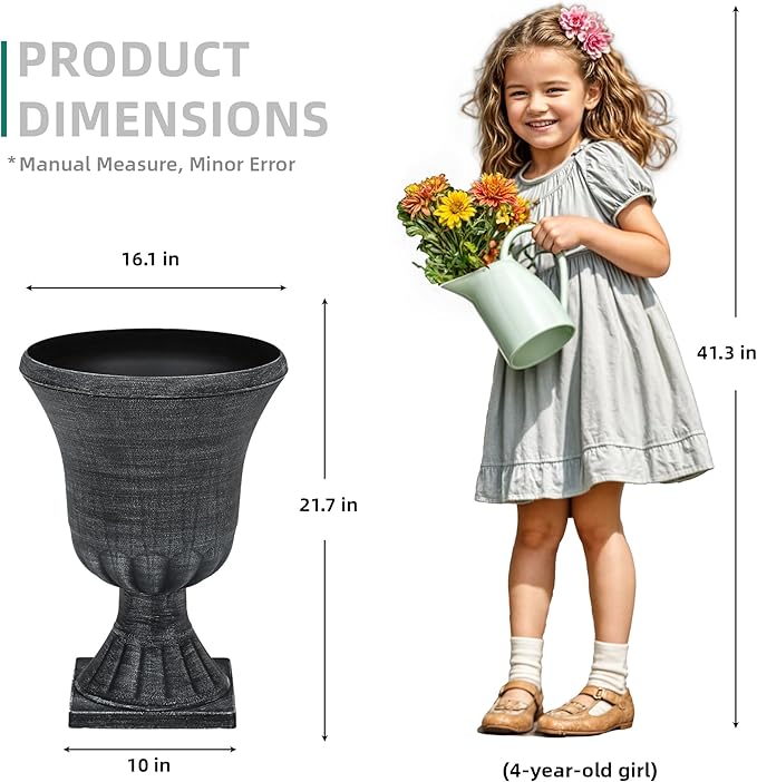 22" Tall Plastic Urn Planters Set of 2, 3D Textured Washed Black Finish Pedestal Plant Pots, Weather-Resistant Large Flower Pots for Front Porch, Patio, Garden & Indoor Use