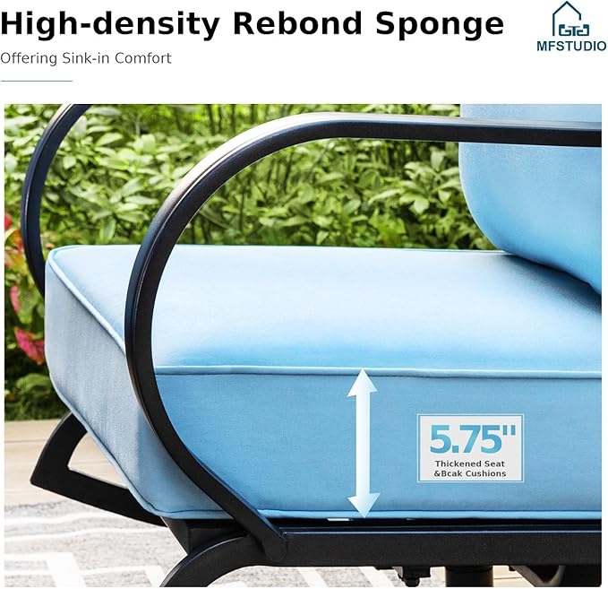 MFSTUDIO 5 Pieces Patio Conversation Sets,Outdoor Metal Furniture Sofas with 1 x 3-Seat Sofa, 2 x Swivel Chairs,2 x Ottoman,Wrought Iron Frame with Blue Cushion for Patio Courtyard Balcony
