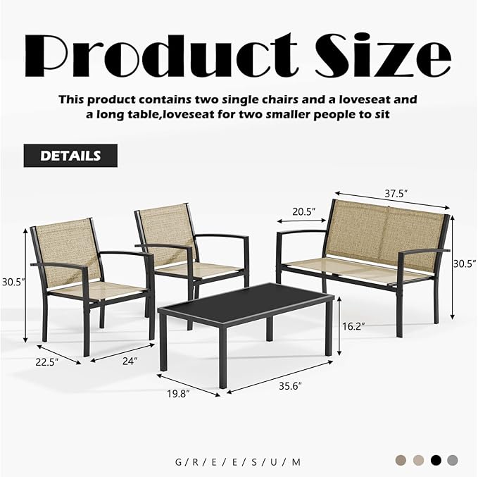 Greesum 4 Pieces Patio Furniture Set, Outdoor Conversation Sets for Patio, Lawn, Garden, Poolside with A Glass Coffee Table, Beige