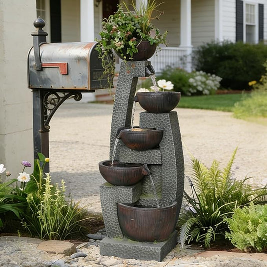 47.4" Large Outdoor Water Fountain with Planter Top & LED Lights, 5-Tier Cascading Garden Water Fountain, Modern Patio Waterfall Feature for Backyard, Patio & Lawn, Indoor & Outdoor Decor