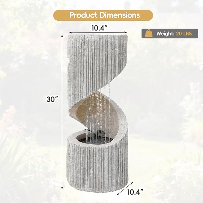 30" H Outdoor Water Fountain with LED Light, S-Shaped Modern Curved Outdoor Fountain, Spiral Column Fountain, Decorative Waterfall Feature with Flat Top Plant Display for Garden, Patio Decor