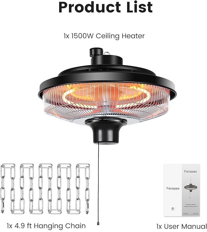 Hanging Patio Heater, 1500W Electric Infrared Heaters for Home, Gazebo, Garage, Greenhouse, Ceiling Mount with Overheat Protection, IPX4 Water Resistance, Adjustable Height (Silver)
