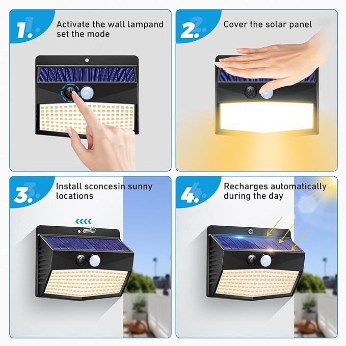 Peasur Solar Outdoor Lights, [4 Packs] Motion Sensor Security Lights with 3 Lighting Modes Wall Lights Waterproof Solar Powered Lights for Garden Yard, Warm