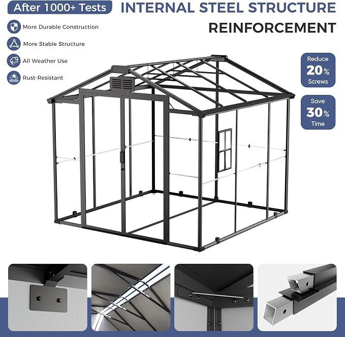 CDCASA 8x8x7 FT Resin Shed with Floor Included, Steel‑Reinforced Large Waterproof Outdoor Storage Sheds with Base & Lockable Door & Window & Vents, Outside Plastic Tool for Outside Patio Backyard - Image 5