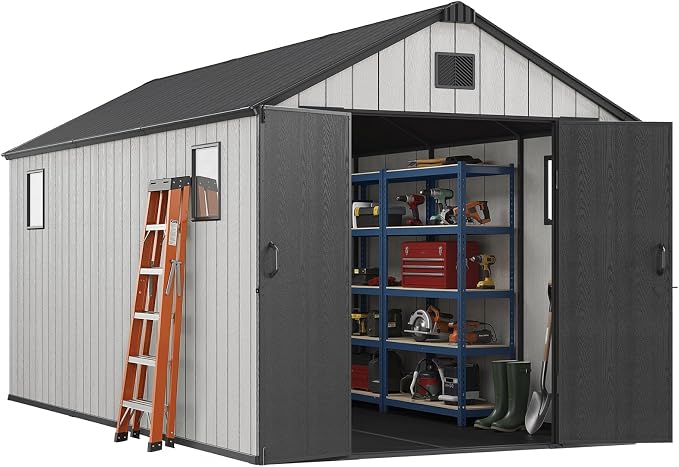 Jocoevol Outdoor Storage Shed, 8x15FT Resin Shed with Floor & Windows, Thickened Heavy Duty All-Weather Garden Tool Shed for Backyard, Patio, Lawn, Gray by JOCOEVOL
