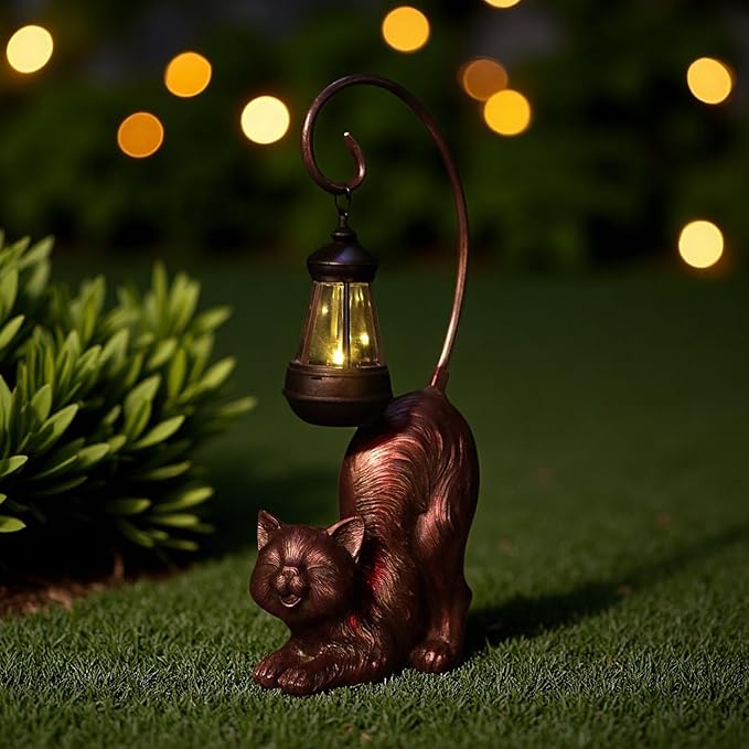 Solar Cat Figurine, 15.7 Inches Tall LED Waterproof Antique Bronze Resin Statue, Auto On/Off at Dusk for Cat Lovers or Memento Gift Outdoor Decor