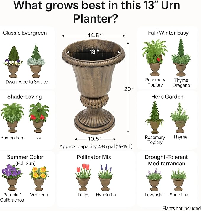 MoNiBloom 20-Inch Plastic Urn Planter Vase Set of 2, for Outdoor Indoor Plants Garden Patio Vintage Decorative Wedding Pedestal Roman Flower Pot Decoration Retro Home Front Porch Door Decor (Brass)