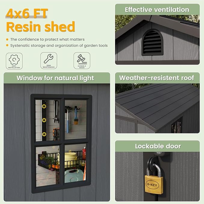 Patiowell 4' x 6' Outdoor Storage Shed with Floor, Plastic Shed Outside Resin Tool Shed with Window and Lockable Door for Backyard Garden Patio Lawn, Dark Grey (Fit-it Shed) - Image 5