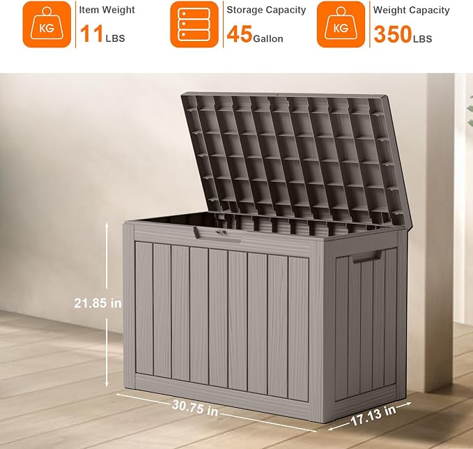 PatioZen 45 Gallon Resin Deck Box, Lockable Patio Outdoor Storage Box for Furniture, Garden Tools and Tools Storage, Waterproof Outside Storage Boxes - Grey - Image 4