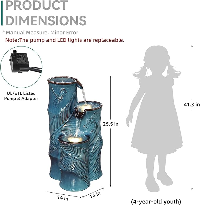 25.5" H Ceramic Outdoor Water Fountain with LED Lights, 3-Tier Bamboo-Style Water Feature with Leaf & Dragonfly Patterns, Soothing Tranquil Waterfall for Garden, Patio & Yard, Teal Blue