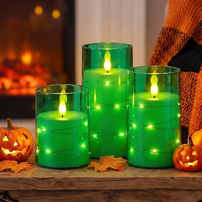 Homemory St. Patrick's Day Flameless Candles with Embedded Star String Fairy Lights, Green Battery Operated Candles, LED Candle, Fake Candles with Remote Control and Timer, Set of 3(H 4" 5" 6?€?)