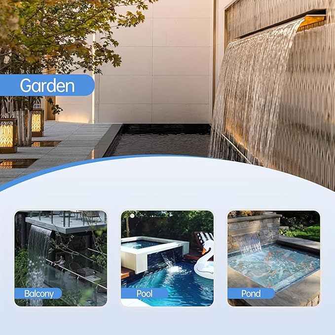 Pool Fountain Stainless Steel Pond Waterfall Spillway Kits for Indoor/Outdoor Decorative, 24 Inches Black Pool Water Feature for Garden Patio, Backyard Koi Pond Decor(No LED Light)