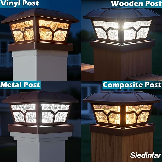 SIEDiNLAR Solar Post Cap Lights Outdoor 2 Color Modes 8 LEDs for 4x4 5x5 6x6 Posts Fence Deck Patio Decoration Warm White & Cool White Lighting Brown (2 Pack) - Image 3