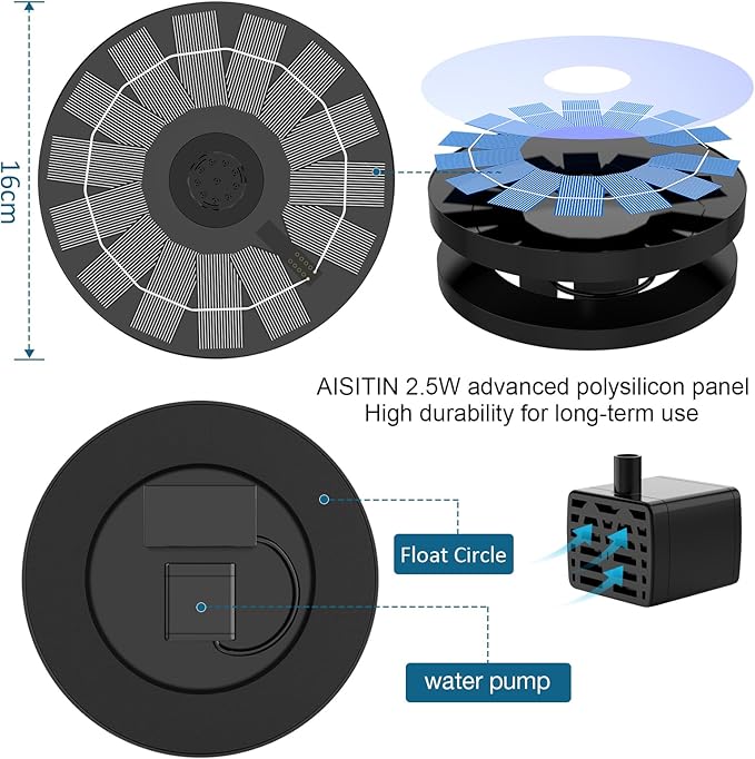 AISITIN Solar Fountain Pump 2.5W Bird Bath Fountain Solar Powered Water Fountain with 8 Nozzle & 4 Fixer, Solar Fountain Pump for Bird Bath, Garden, Pond, Pool