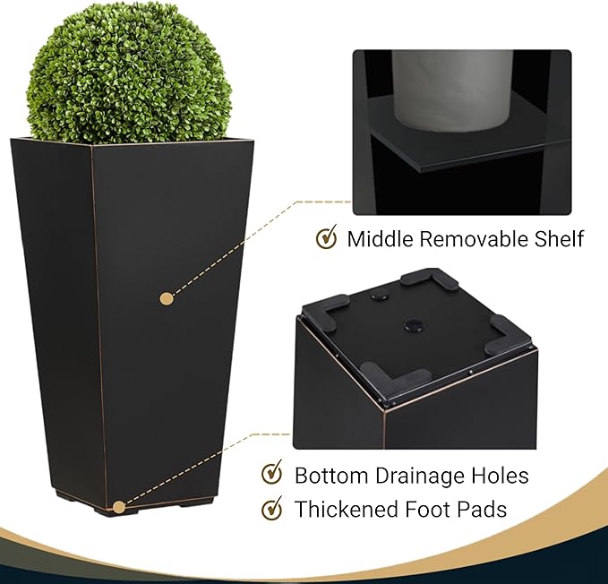 Wallowa Metallic Taper Planter, 26 Inch Tall Tapered Planter for Front Porch, Patio, Deck, Garden Indoor/Outdoor Tree Planters, Set of 2 Black with Copper Hand Brushed Rim