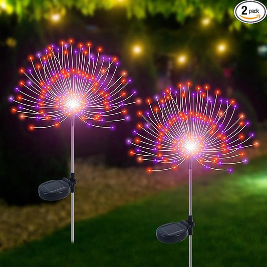 Solar Garden Lights Outdoor Waterproof, 2 Pack 120 LED Solar Firework Lights Decorative Garden D??cor Outside for Flowerbed Pathway Party Halloween Christmas Decorations, Purple + Orange