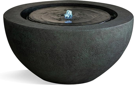 XBrand 19.8" W Round Sphere Water Fountain Indoor Outdoor with LED Light, Polyresin Bubbler Feature for Patio Garden Yard Home Décor, Dark Green