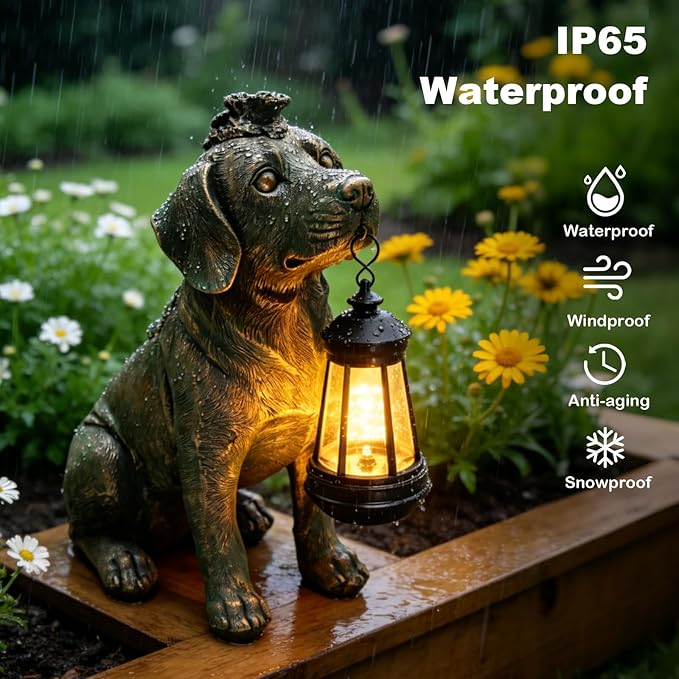 Solar Garden Statue Dog Figurine Decor with Lantern Lights, Outdoor Decoration Solar Dog Sculptures for Outside Patio Lawn Balcony Yard Ornament, Dogs Lover Gifts for Women Mom Grandma Birthday