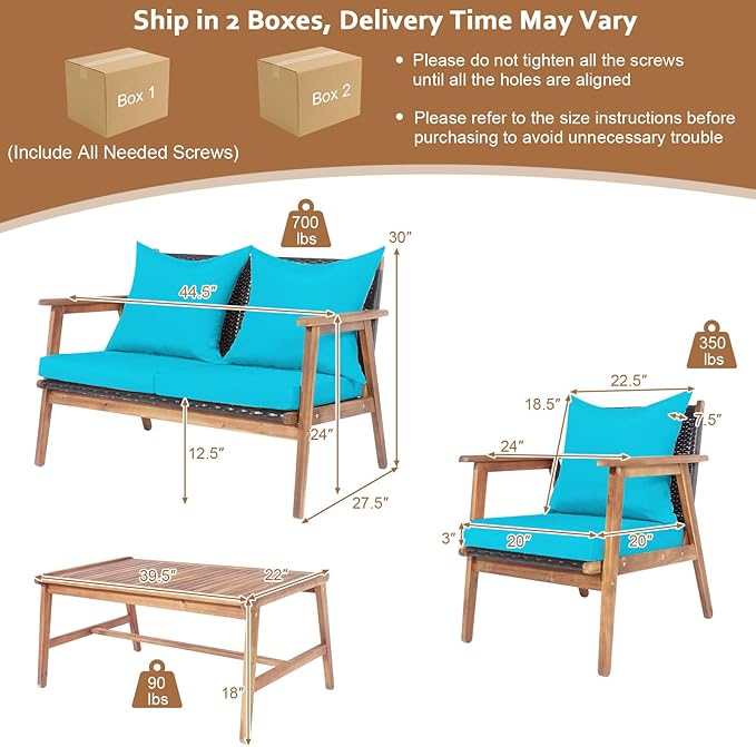 Tangkula 4-Piece Patio Furniture Set, Outdoor Acacia Wood Conversation Set with Cushions and Coffee Table, Outdoor PE Wicker Sectional Sofa Set for Garden, Poolside and Backyard (1, Turquoise)