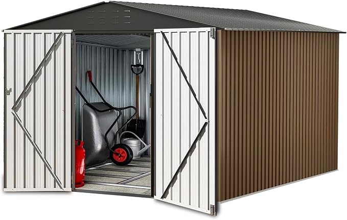 8X12FT Outdoor Metal Storage Shed, Lockable Weatherproof Garden Shed for Tools & Equipment, Durable Galvanized Steel with Sloping Roof & Ventilation, Ideal for Backyard, Patio & Garage Storage, Brown by BouPower
