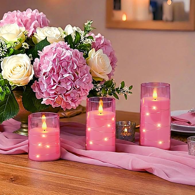 Homemory Flameless Candles with Embedded Star String Fairy Lights, Battery Operated Candles, LED Candle, Fake Candles with Remote Control and Timer, Pink, Set of 3(H 4" 5" 6?€?)