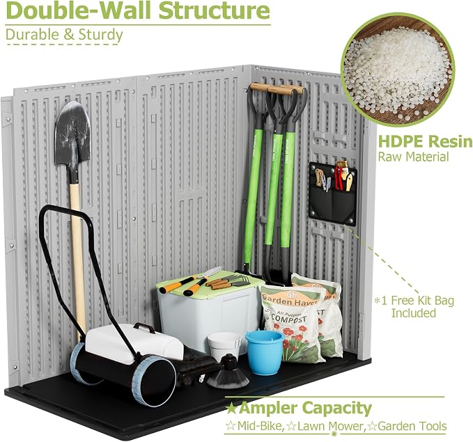 ZZM 37 Cu.ft Outdoor Storage Shed with Floor HDPE Double-Wall Resin Sheds Outdoor Storage, Lockable Weatherproof Storage Cabinet Fit for Garden Tools, Garage can, Bike, Patio Furniture, Grey - Image 9