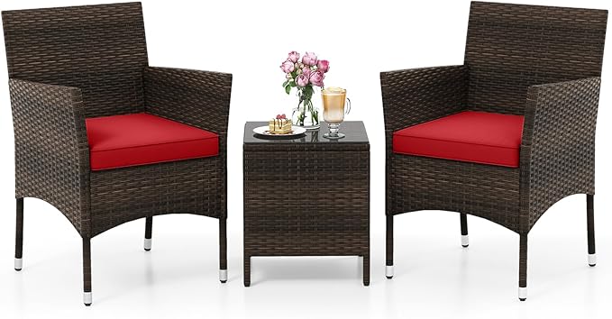 KOTEK 3 Piece Patio Furniture Set, Outdoor Wicker Patio Chairs with Soft Cushions & Tempered Glass Top Table, PE Rattan Bistro Set for Porch, Garden, Balcony (Red)