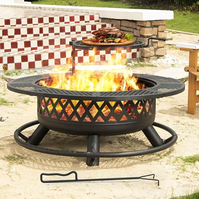 Panovue 42 Inch Outdoor Fire Pit with Grill, Large Firepit Table for Outside, Metal Round Firepits with Lid&Fire Poker,3 in 1 Wood Burning Fire Pits & Outdoor Fireplaces for Backyard,Patio(42'' Black) by Panovue