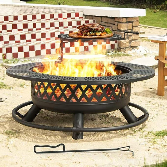 Panovue 42 Inch Outdoor Fire Pit with Grill, Large Firepit Table for Outside, Metal Round Firepits with Lid&Fire Poker,3 in 1 Wood Burning Fire Pits & Outdoor Fireplaces for Backyard,Patio(42'' Black) by Panovue