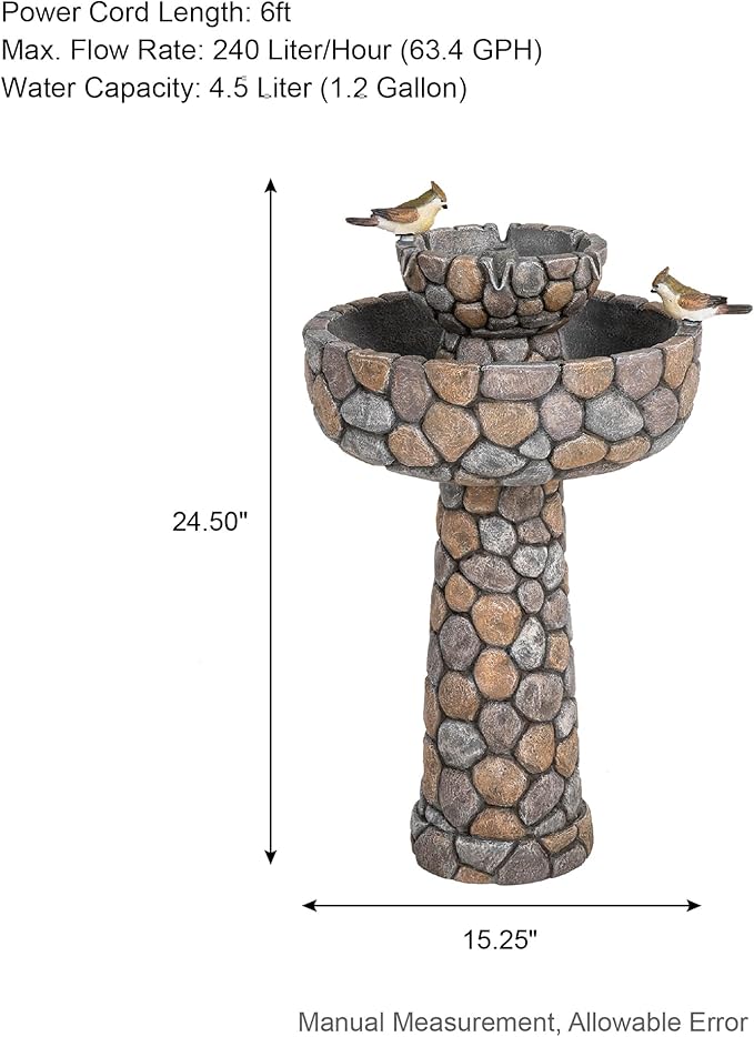 Glitzhome 2-Tier Stone Like Outdoor Water Fountain with Birds, Bird Bath Outdoor Waterfall Fountain Decor, Freestanding Water Fountains with Pump for Garden Yard Patio Porch, 24.41”H