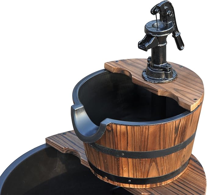 Outsunny Wood Freestanding Fountain with 2 Tier Waterfall Barrel, Electric Pump for Garden Decor, Lawn, Backyard