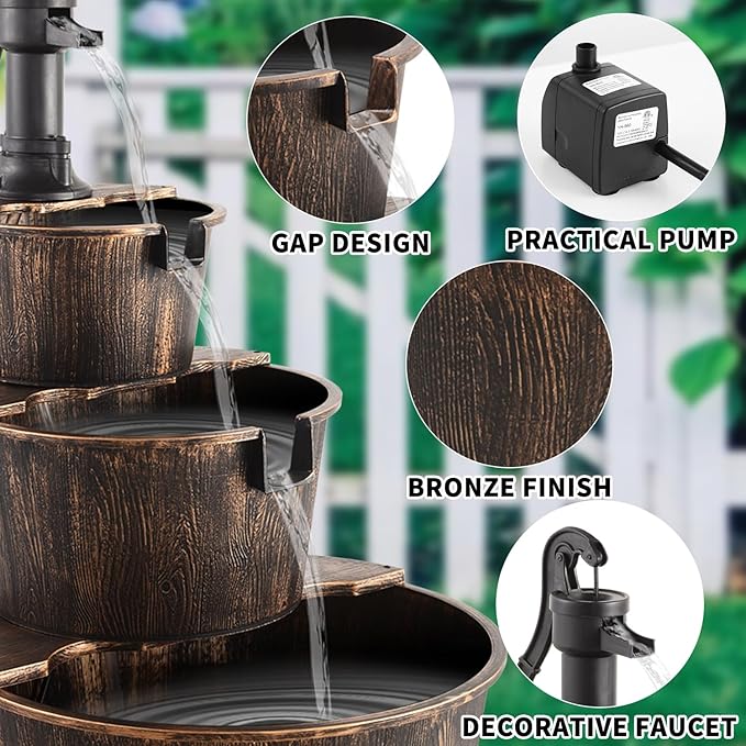 YI 40-Inch 3 Tier Barrel Waterfall Fountain Outdoor Water Fountains Barrel Wood 3-Tier Freestanding Rustic Pump for Garden Patio Backyard Porc