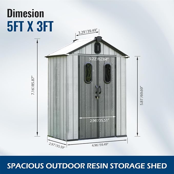 Domi 5x3Ft Resin Outdoor Storage Shed, Small Plastic Garden Shed with Carpet, Outside Weatherproof Storage Building for Tools, Bike, Lawn Mower, Patio, Backyard - Image 2