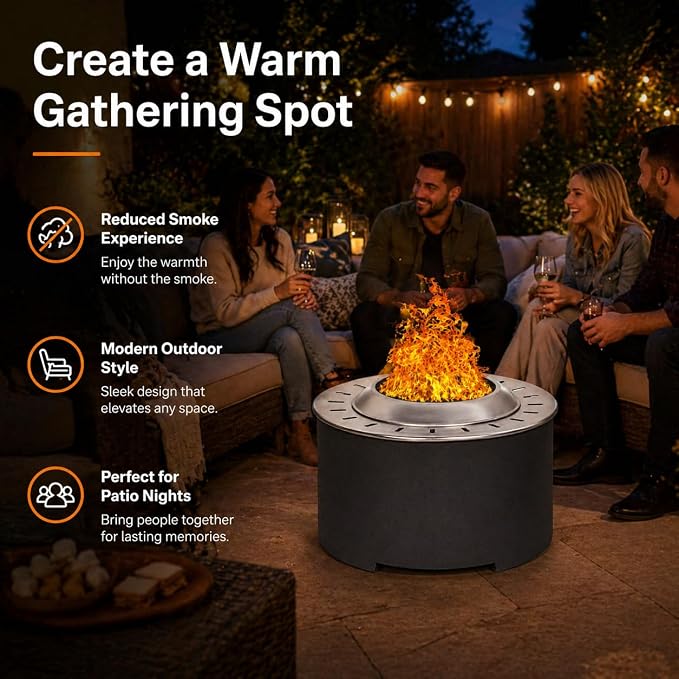 Afterglow Smokeless Fire Pit, 20.5" Round Wood Burning Stainless Steel Top & TerraFab Base, Firepit with Weather Cover Perfect for Outdoor Patio Garden, Dark Grey - Image 6