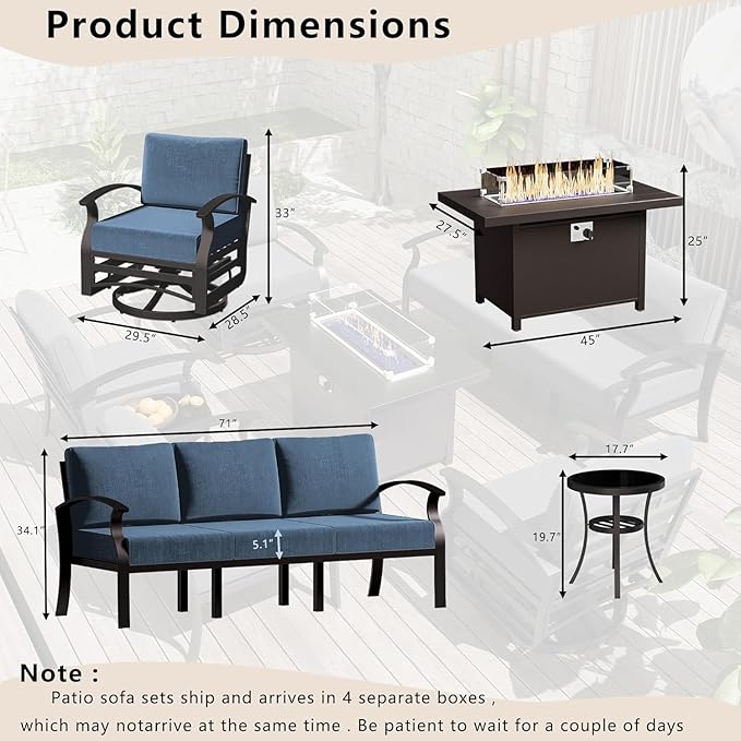 Patio Furniture Set 5-Piece Aluminum Armrest Sofa, Modern Outdoor Living Room Set with 55000 BTU Propane Aluminum Fireplace, Outdoor Rotary Joystick with Thick Cushion