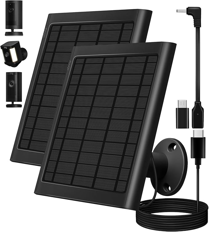 8W Solar Panel for Ring Camera, 2-Pack Solar Panel Charger Compatible with Ring Stick Up Cam Battery, Spotlight Cam Battery, Includes Barrel Plug to USB-C Adapter, IP65 Waterproof, 10ft Cable by PUUQII