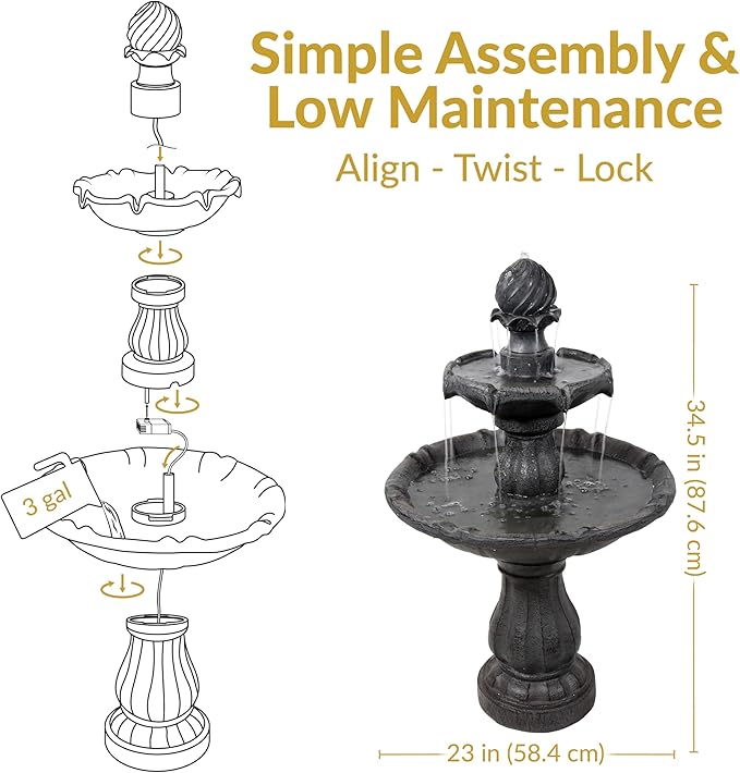 Sunnydaze 35" Solar 2-Tier Outdoor Water Fountain - Outdoor Water Fountain with Battery Backup and Pump - Black