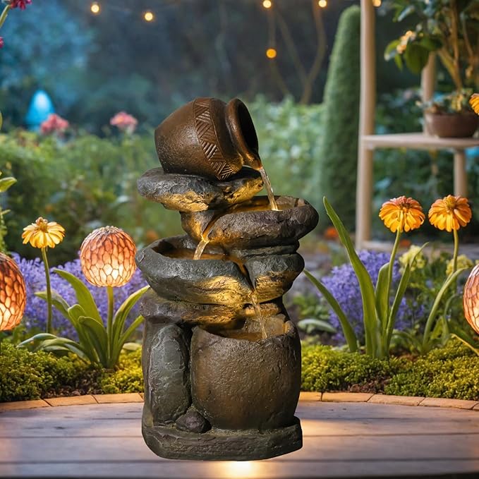 Outdoor Rock Garden Water Fountain for Garden, Patio, Backyard, Deck, Porch and Office, Living Room Home Art Decor, 3 Tiers Natural Cascading Outdoor Fountain with LED Lights 11“x9”x22