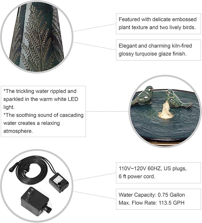 Glitzhome 27.5" H Ceramic Garden Water Fountain with LED Light and Pump Bird Bath Fountain Outdoor Turquoise Embossed Pattern Pedestal Freestanding Water Fountain for Yard Floor Patio Backyard