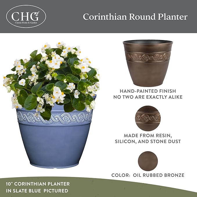 Classic Home and Garden Corinthian Resin Planter Pot - Outdoor & Indoor Plant Pot - Round Planter for Plants & Flowers (8" Oil Rubbed Bronze, Pack of 3)