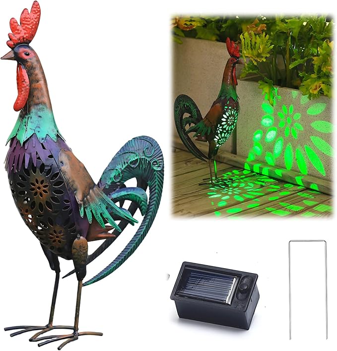 Solar Rooster Statue Light Outdoor, 18" Metal Yard Art Rooster Figurines(Retro Rooster).