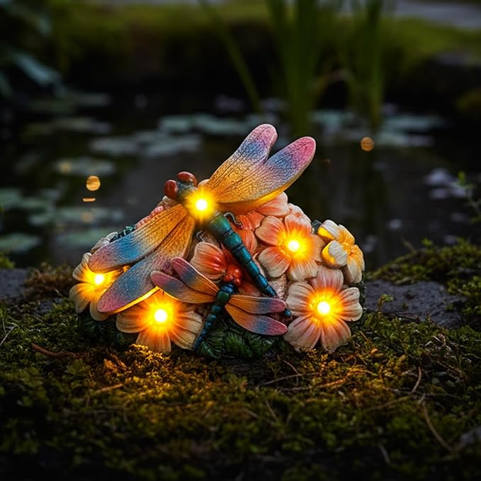 Dragonfly Solar Garden Statues Outdoor Decor5.5"-Waterproof Resin Yard Art with 5 LED Lights,Gradient Wings Figurine for Patio Lawn Porch,Unique Gardening Gifts for Women Mom Grandma Housewarming