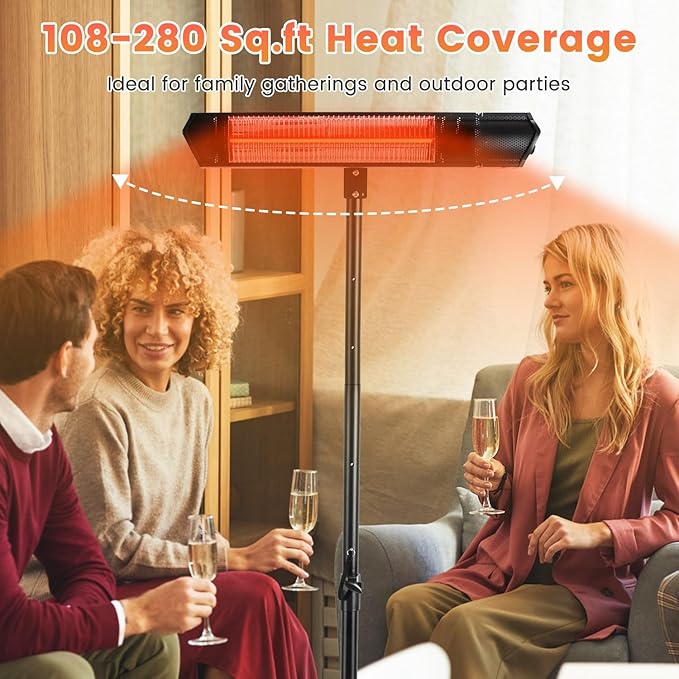 Outdoor Heaters for Patio, 1500W Infrared Heater with Stand, IP65 Waterproof Electric Patio Heater Tripod Wall Mount, 3 Heating Levels, Remotes, Timer for Garage Yard Home