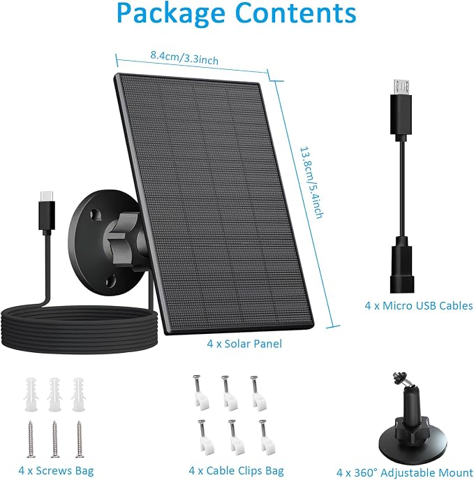 2W Solar Panel for Security Camera Outdoor, USB/USB-C Charger with IP65 Waterproof, 360° Adjustable Mount & 7.2ft Cable, Compatible with Rechargeable Battery Cameras (4 Pack, Black) - Image 2