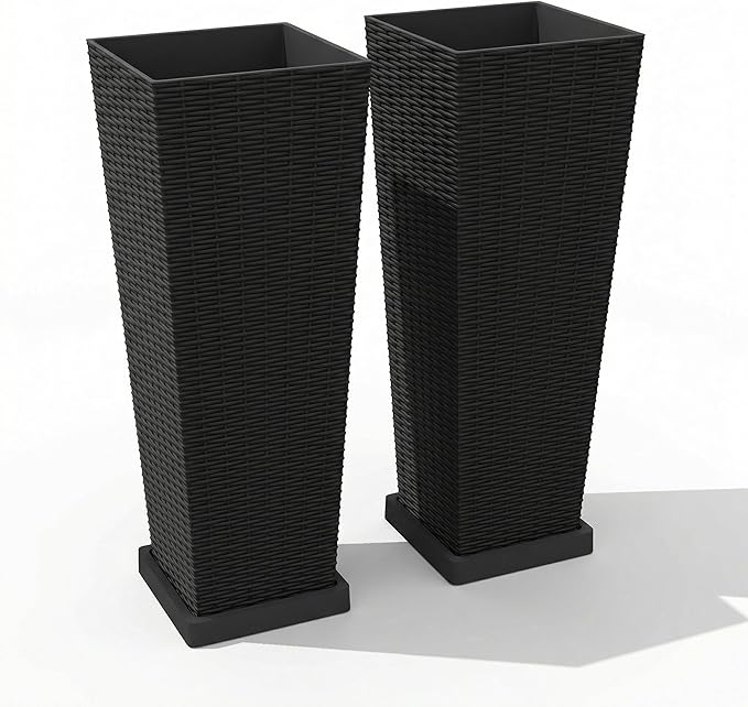 2 Pack Large Planters for Indoor Plants, Outdoor 24 inch Tall Planter with Removable Liners, Plant Pots for Trees Flowers, All-Weather Use with Drainage Holes & Saucers for Porch, Patio, Black