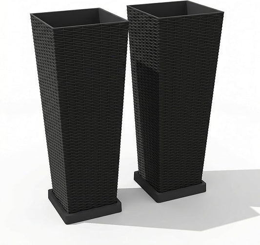 2 Pack Large Planters for Indoor Plants, Outdoor 24 inch Tall Planter with Removable Liners, Plant Pots for Trees Flowers, All-Weather Use with Drainage Holes & Saucers for Porch, Patio, Black