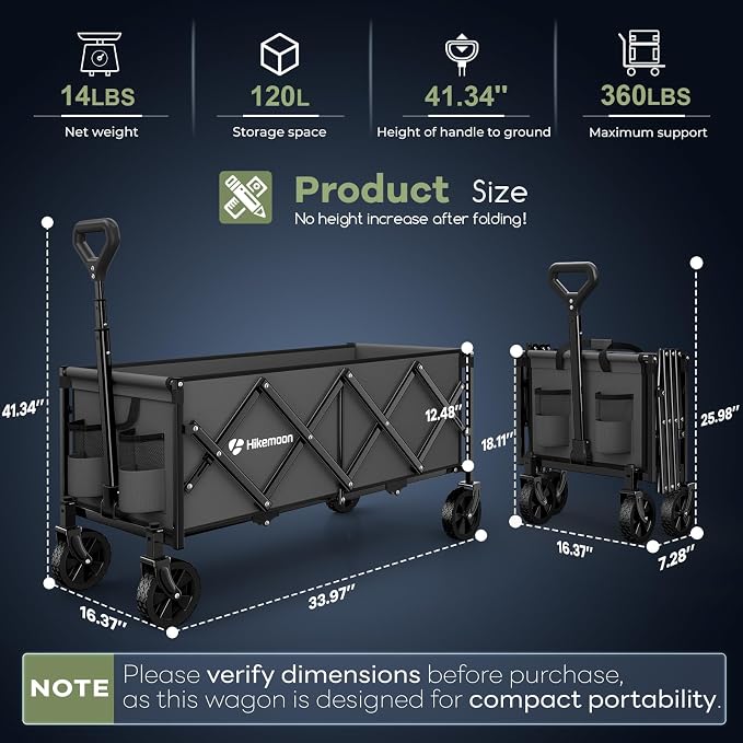 Hikemoon 34'' Extra Long Collapsible Wagons Carts Foldable, 360LBS Heavy Duty Folding Beach Wagon with Wheels, Portable Utility Outdoor Cart for Grocery, Garden, Sports, Camping, Grey - Image 4