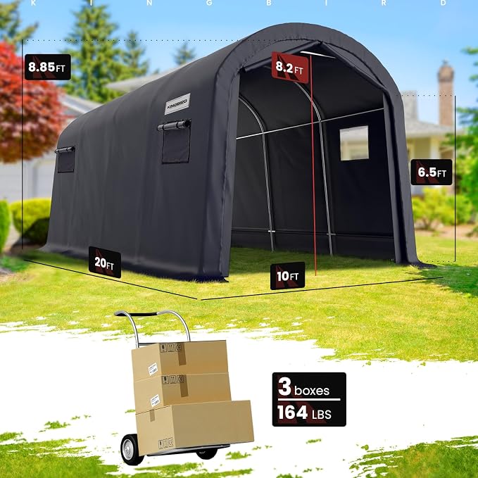 KING BIRD 10' x 20' Round Style Garage Shelter with Roll-up Ventilated Windows Heavy Duty Storage Carport Portable Canopy Storage Shelter Shed for Boat, Patio Furniture and Lawn Mower-Dark Gray - Image 6