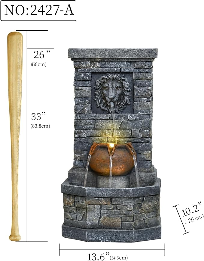 26'' Outdoor Garden Floor-Standing Water Fountain Lion Head Stone with Lights Outdoor Waterfall for Patio, Backyard, Deck, Porch and Home Art Decor