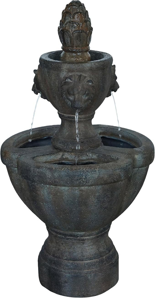 Outdoor Fountain – Polyresin 2-Tier Water Feature with Lion Head Details and Realistic Stone Appearance – Yard Art with Soothing Sound by Pure Garden